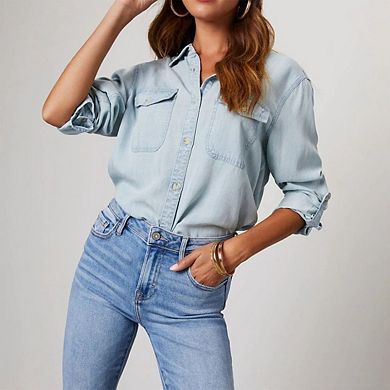 Women's Casual Button Down Denim Shirts Long Sleeve V Neck Chambray Blouse Top