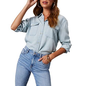 Women's Casual Button Down Denim Shirts Long Sleeve V Neck Chambray Blouse Top