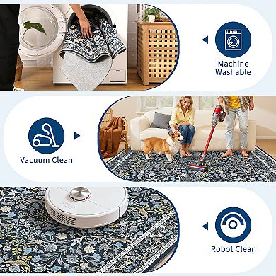 Garvee Vintage Pastoral Floral Washable Area Rug Non Slip Non Shedding Low Pile Rug for Living Room