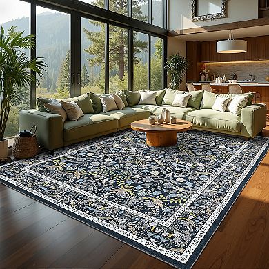 Garvee Vintage Pastoral Floral Washable Area Rug Non Slip Non Shedding Low Pile Rug for Living Room