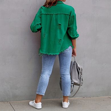 Women's Ripped Denim Jacket Frayed Hem Button Front Boyfriend Jean Coat Western Shacket With Pockets