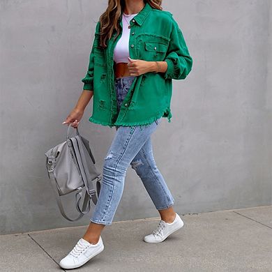 Women's Ripped Denim Jacket Frayed Hem Button Front Boyfriend Jean Coat Western Shacket With Pockets