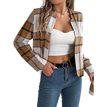 Women's Flannel Plaid Shacket Jacket Button Down Long Sleeve Dressy Causal Shirts Tops
