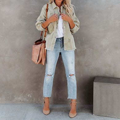 Women's Jean Jacket Classic Basic Button Down Long Sleeves Casual With Pockets