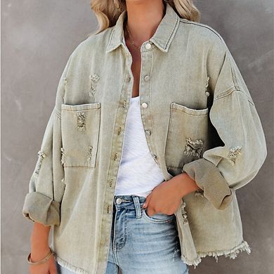 Women's Jean Jacket Classic Basic Button Down Long Sleeves Casual With Pockets