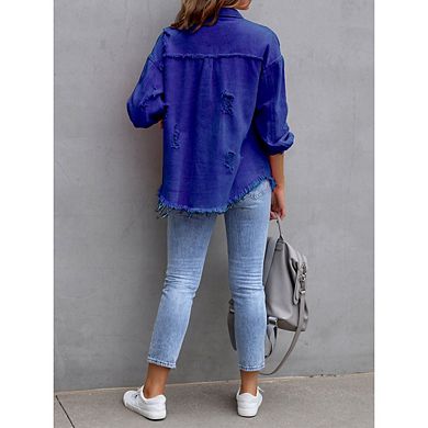 Women's Ripped Distressed Denim Jacket Tops Casual Long Sleeve Basic Jean Jacket Coats