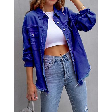 Women's Ripped Distressed Denim Jacket Tops Casual Long Sleeve Basic Jean Jacket Coats