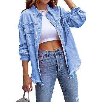Women's Ripped Distressed Denim Jacket Tops Casual Long Sleeve Basic Jean Jacket Coats