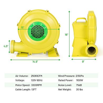 Costway Inflatable Bounce House Blower 1100W 1.5HP Air Pump Commercial Castle Slide Fan