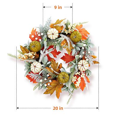 Realistic Autumn Wreath w/Pumpkin, for Thanksgiving Harvest Halloween Festival Decorations