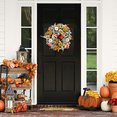 Realistic Autumn Wreath w/Pumpkin, for Thanksgiving Harvest Halloween Festival Decorations