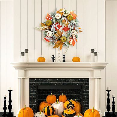 Realistic Autumn Wreath w/Pumpkin, for Thanksgiving Harvest Halloween Festival Decorations