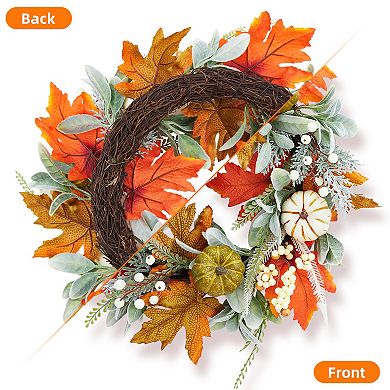 Realistic Autumn Wreath w/Pumpkin, for Thanksgiving Harvest Halloween Festival Decorations