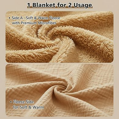Fabibe Reversible Muslin Fleece Throw - 50"x60" Beige, Soft Warm Blanket for Couch, Bed, Travel