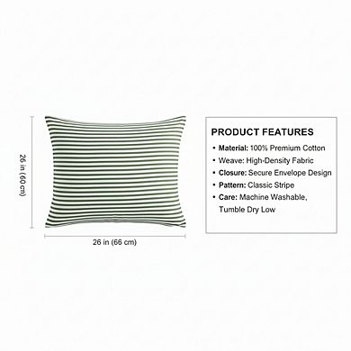 Fabibe Natural Cotton White Green Striped Pillowcases, 2 Pack with Envelope Closure