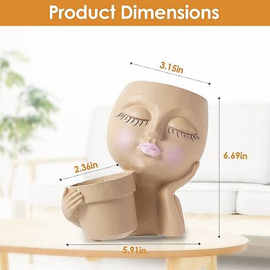 Girl Face Planter Pot with Dual Opening & Drainage, Lady Head Resin Plant Pot for Succulents