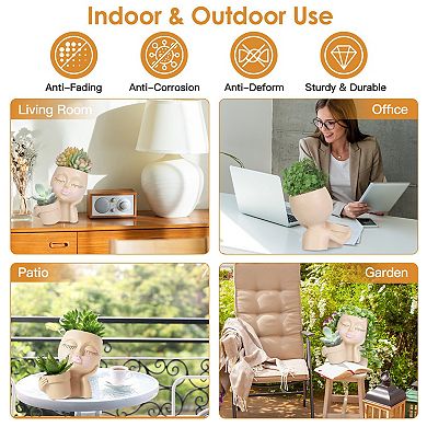 Girl Face Planter Pot with Dual Opening & Drainage, Lady Head Resin Plant Pot for Succulents