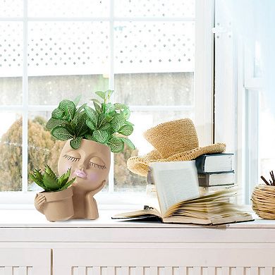 Girl Face Planter Pot with Dual Opening & Drainage, Lady Head Resin Plant Pot for Succulents