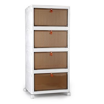 4 tier Foldable Storage Bins with Lids, Magnetic Front Door, Stackable Closet Organizer with Wheels