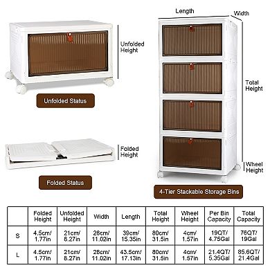 4-Tier Foldable Storage Bins with Lids, Magnetic Front Door, Stackable Closet Organizer with Wheels