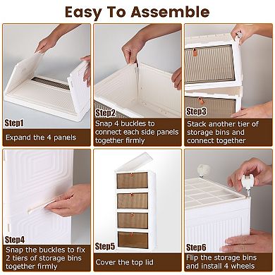 4-Tier Foldable Storage Bins with Lids, Magnetic Front Door, Stackable Closet Organizer with Wheels