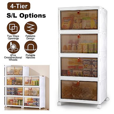 4-Tier Foldable Storage Bins with Lids, Magnetic Front Door, Stackable Closet Organizer with Wheels