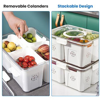 2-Pack Airtight 4-Compartment Fruit & Vegetable Storage Containers with 8 Removable Colanders