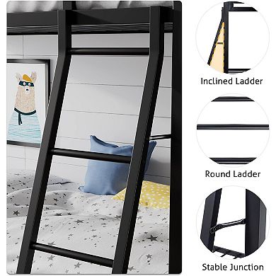 Twin over Twin Bunk Bed with Ladder Guardrail Heavy Duty Space-Saving Metal Frame Black