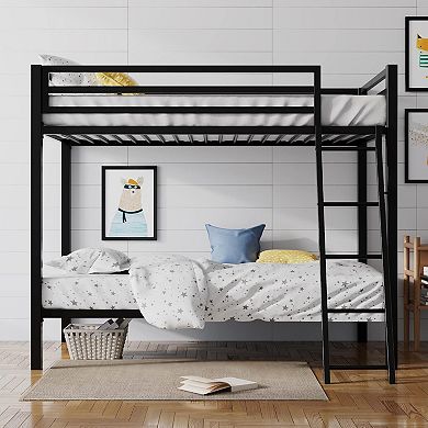 Twin over Twin Bunk Bed with Ladder Guardrail Heavy Duty Space-Saving Metal Frame Black