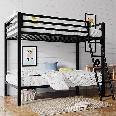 Twin over Twin Bunk Bed with Ladder Guardrail Heavy Duty Space-Saving Metal Frame Black