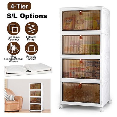 4-Tier Foldable Storage Bins with Lids & Magnetic Doors, Stackable with Wheels