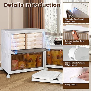 4-Tier Foldable Storage Bins with Lids & Magnetic Doors, Stackable with Wheels