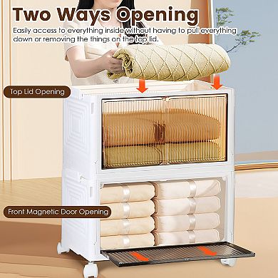 4-Tier Foldable Storage Bins with Lids & Magnetic Doors, Stackable with Wheels