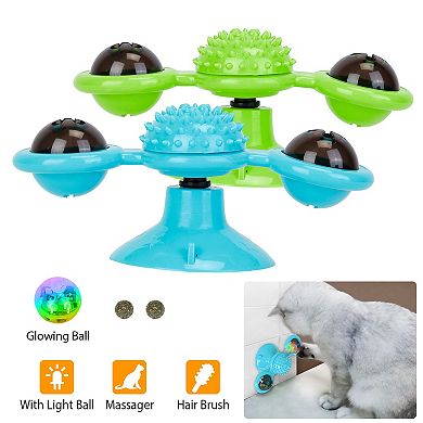 Windmill Cat Toy Interactive Turntable with Catnip, Light Ball, Tickle Brush & Wall Mount