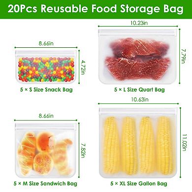 20Pcs Reusable Food Storage Bags, Leakproof, BPA-Free, Freezer Safe, Sandwich & Snack Bags