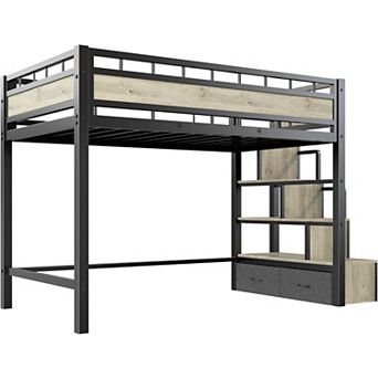 Loft Bed with Storage Stairs, Twin Size Metal Frame for Teens Maximize Room Space No Box Spring