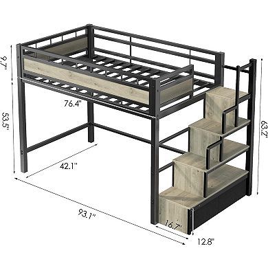 Loft Bed with Storage Stairs, Twin Size Metal Frame for Teens Maximize Room Space No Box Spring