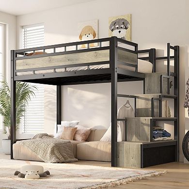 Loft Bed with Storage Stairs, Twin Size Metal Frame for Teens Maximize Room Space No Box Spring