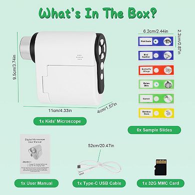 3-in-1 Kids Microscope, Telescope & Camera with LED Light, 6 Slides & 32GB Card