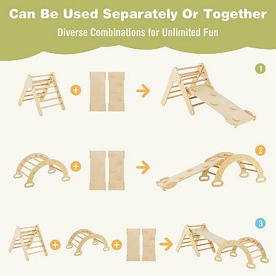5-in-1 Wooden Kids Climber Set with Triangle Arch Ramp - Natural
