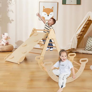 5-in-1 Wooden Kids Climber Set with Triangle Arch Ramp - Natural