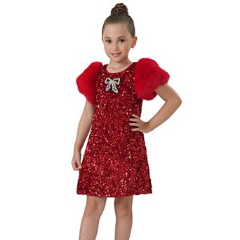 Girls Ruby Red Velvet Sequin Fur Puff Sleeve Holiday Party Dress