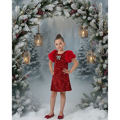 Girls Ruby Red Velvet Sequin Fur Puff Sleeve Holiday Party Dress