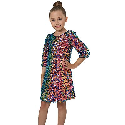 2Bunnies Girls' 3/4 Sleeves Dazzling Colorful Sequin Party Dress