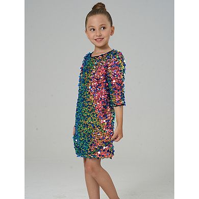 Girls' 3/4 Sleeves Dazzling Colorful Sequin Party Dress