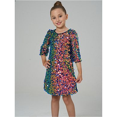 Girls' 3/4 Sleeves Dazzling Colorful Sequin Party Dress