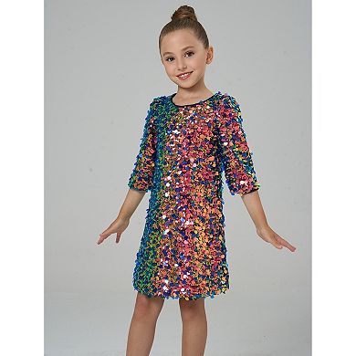 Girls' 3/4 Sleeves Dazzling Colorful Sequin Party Dress