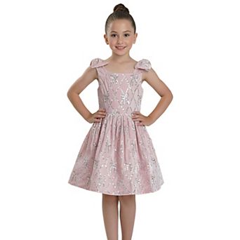 2Bunnies Girls’ Pink Velvet Sequin Bow Pattern Holiday Dress