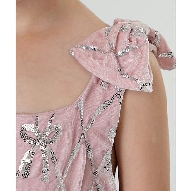 2Bunnies Girls’ Pink Velvet Sequin Bow Pattern Holiday Dress