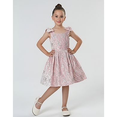 2Bunnies Girls’ Pink Velvet Sequin Bow Pattern Holiday Dress